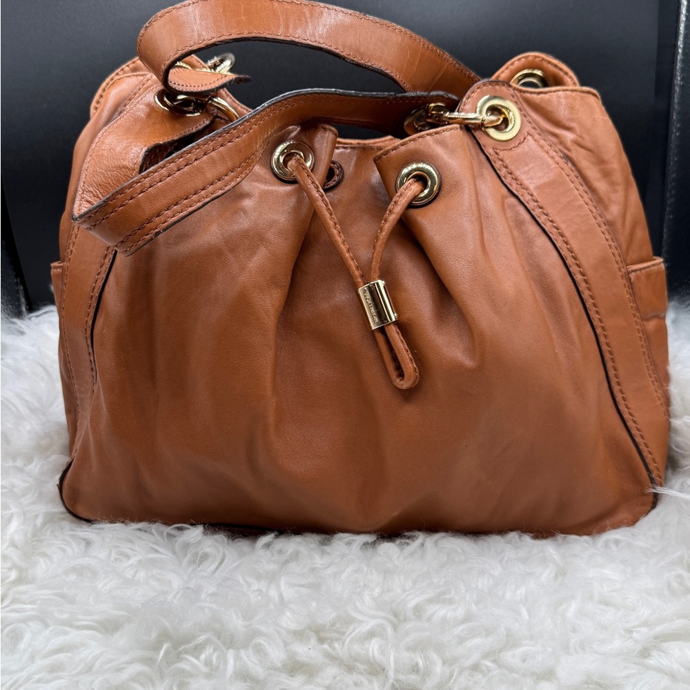 Michael Kors Leather Drawstring Satchel Bag - Tan